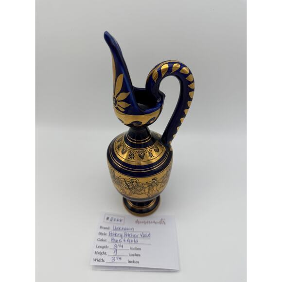 Grecian Cobalt Blue Classic Greece Scene 9" Greek Key Pitcher Vase 24K gold - Picture 7 of 7